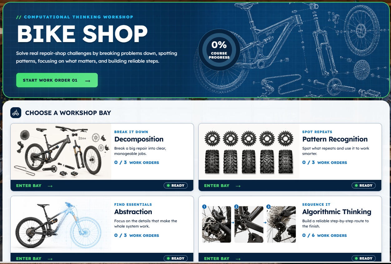 Bike Shop computational thinking course with four workshop bays